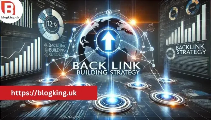 Futuristic backlink strategy with globe, charts, and digital connections.