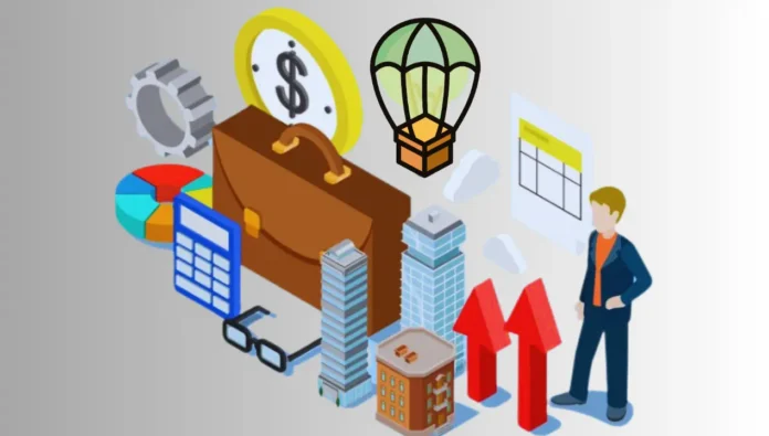 Business tools, growth symbols, briefcase, hot air balloon.