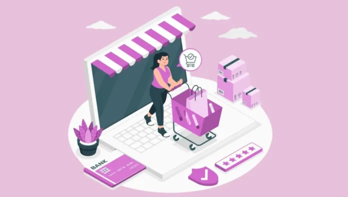 Woman shopping online with shopping cart illustration.