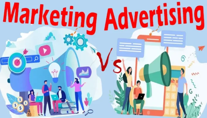 Marketing vs Advertising comparison illustration graphic.