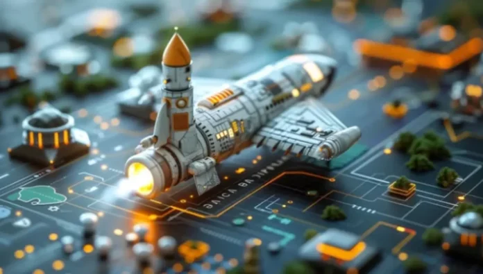 Futuristic spaceship on digital landscape model