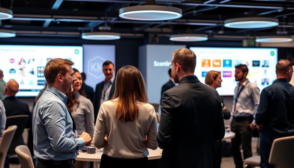 Digital marketing professionals from various Top 20 Digital Marketing Companies in the UK collaborating on campaigns