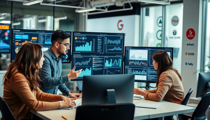 Digital marketing specialists analyzing campaign data on multiple screens showing the Top 20 Digital Marketing Companies in the UK at work