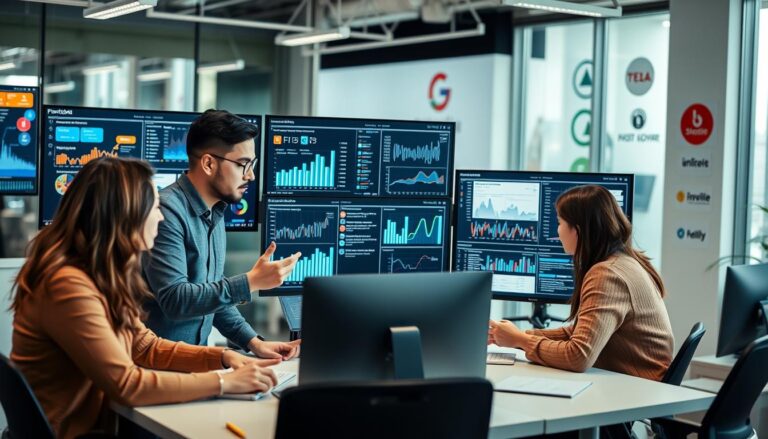 Digital marketing specialists analyzing campaign data on multiple screens showing the Top 20 Digital Marketing Companies in the UK at work