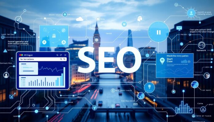 AI-powered SEO technology visualization showing machine learning algorithms analyzing search data for an AI-Powered SEO Agency in London