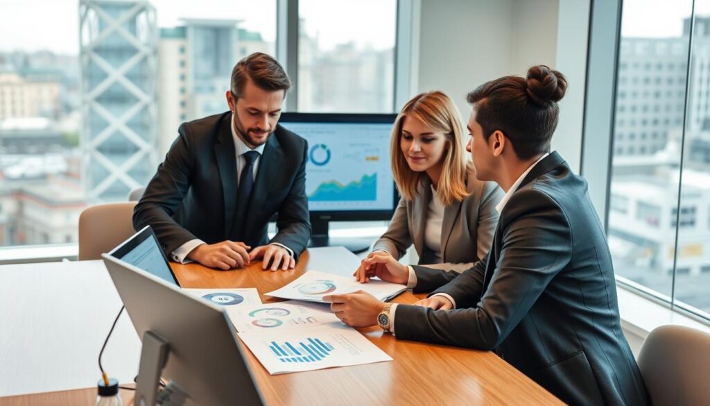 Business professionals evaluating AI-Powered SEO Agencies in London with comparison charts and metrics