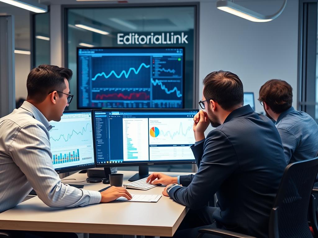 Editorial.Link AI-Powered SEO Agency London team analyzing backlink data with AI visualization tools