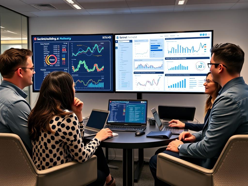 Solvid AI-Powered SEO Agency London team analyzing link-building data with AI visualization tools