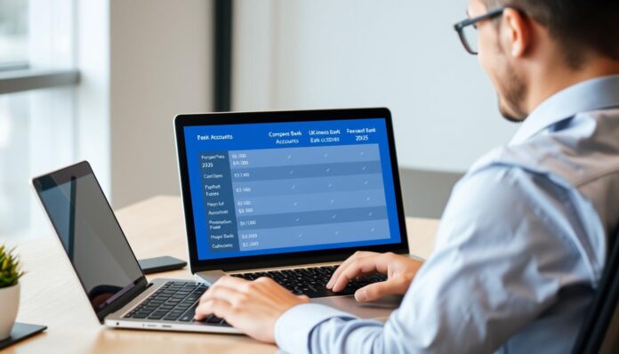 Business owner comparing bank account fees on laptop with business bank accounts with lowest fees UK 2025 displayed on screen
