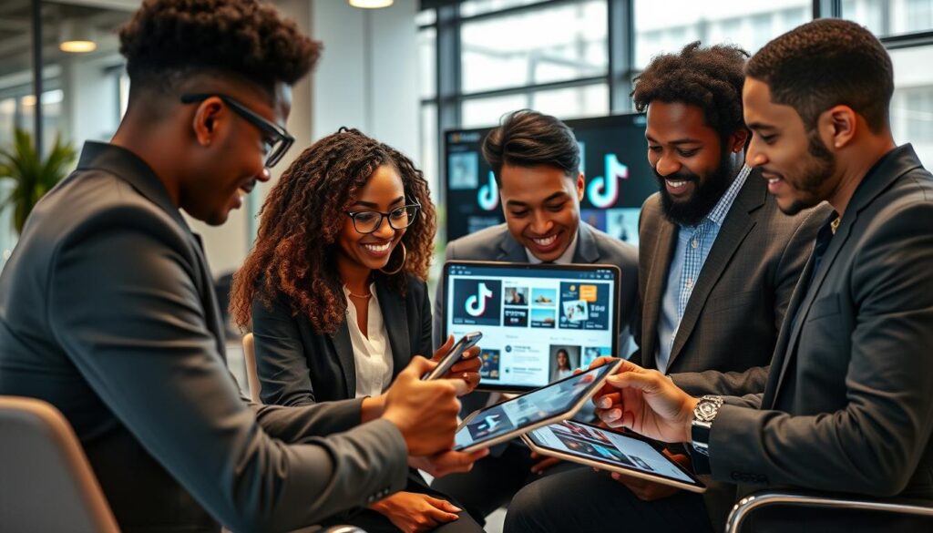 Business professionals reviewing TikTok marketing portfolios and selecting experts in Manchester