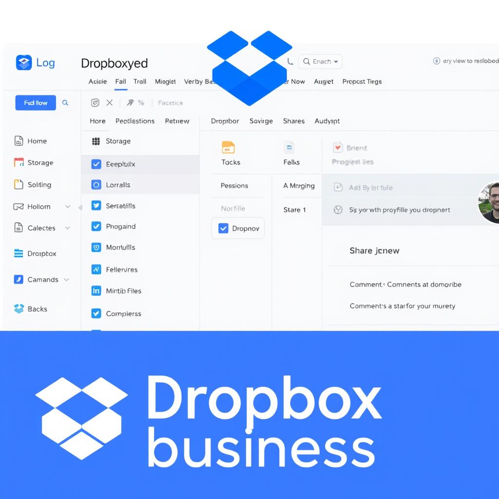 Dropbox Business logo and interface showing file sharing for hybrid teams