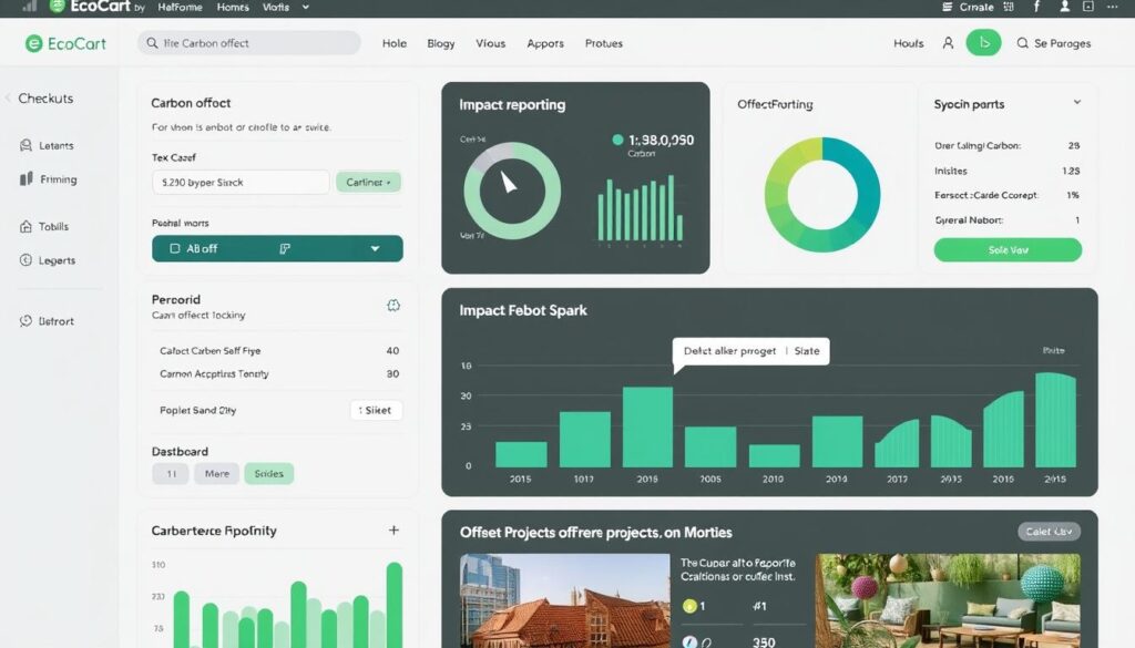 EcoCart platform showing carbon offset checkout options and impact reporting for sustainable UK brands