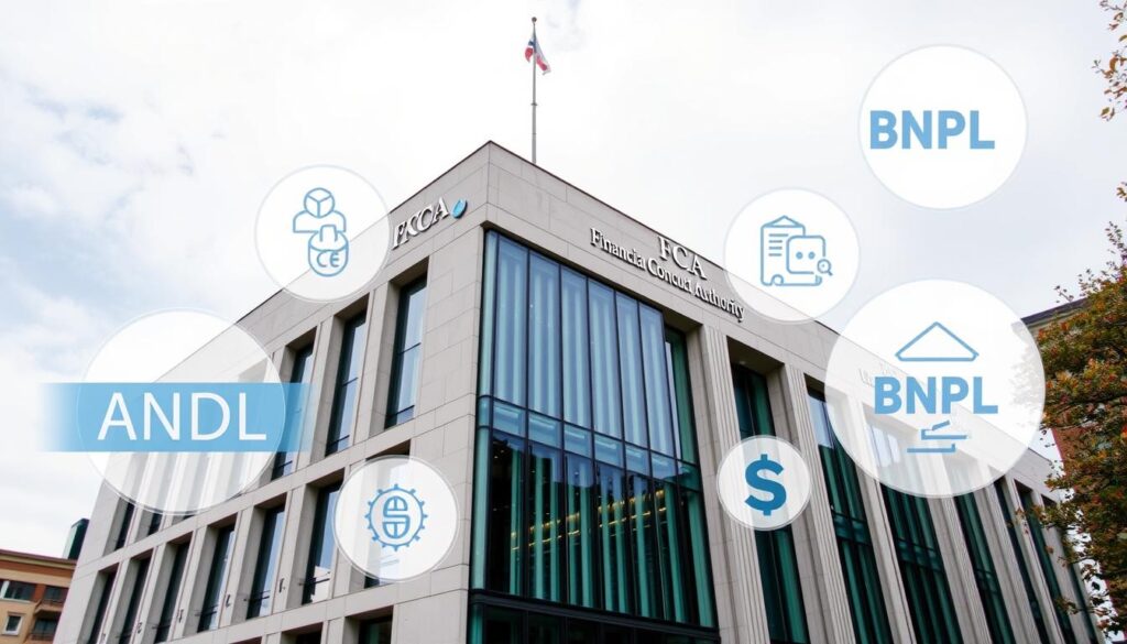 Financial Conduct Authority (FCA) building with BNPL regulation concept