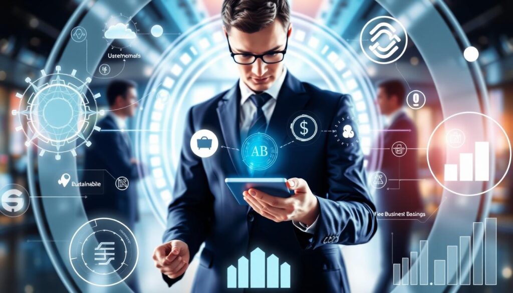 Futuristic visualization of business banking trends showing business bank accounts with lowest fees UK 2025