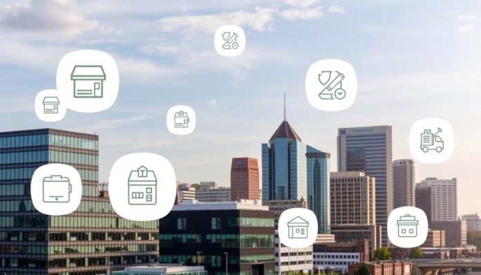 Manchester city skyline with various low-cost franchise opportunities represented