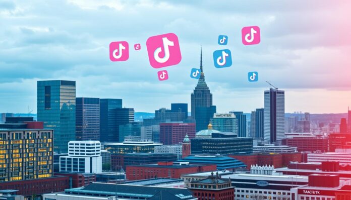 Manchester skyline with social media icons representing TikTok Marketing Experts in Manchester