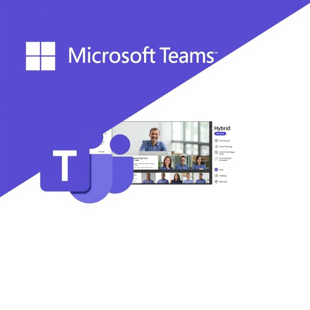 Microsoft Teams logo and interface showing hybrid work features