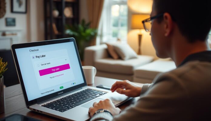 Person shopping online using a Buy Now, Pay Later service on a laptop