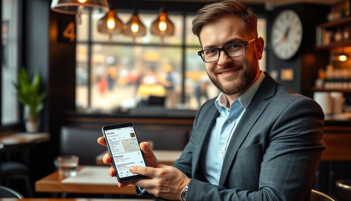 Restaurant owner checking local search results on mobile and desktop devices