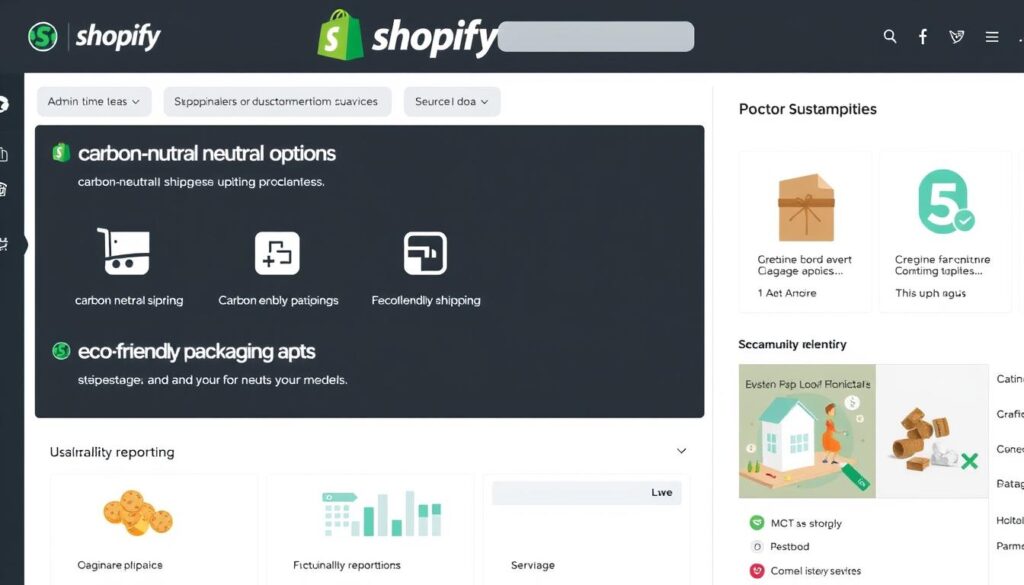 Shopify's sustainable e-commerce dashboard showing carbon-neutral shipping options and eco-friendly app integrations