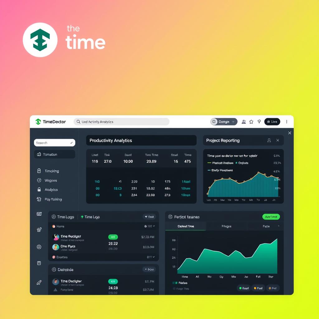 Time Doctor logo and interface showing time tracking for hybrid teams
