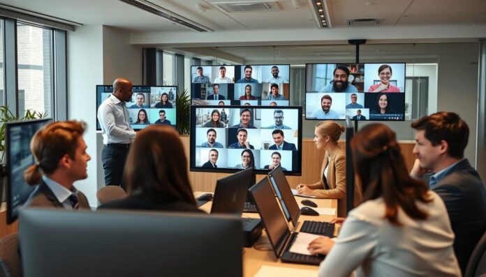 UK professionals collaborating in a hybrid work environment with digital tools