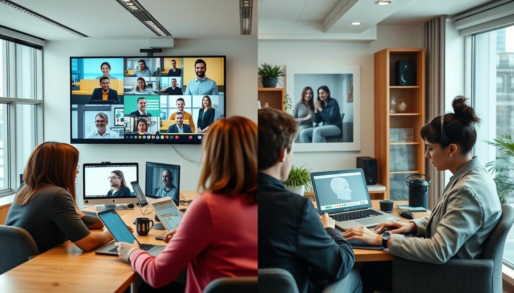 UK professionals using hybrid work communication tools across different locations