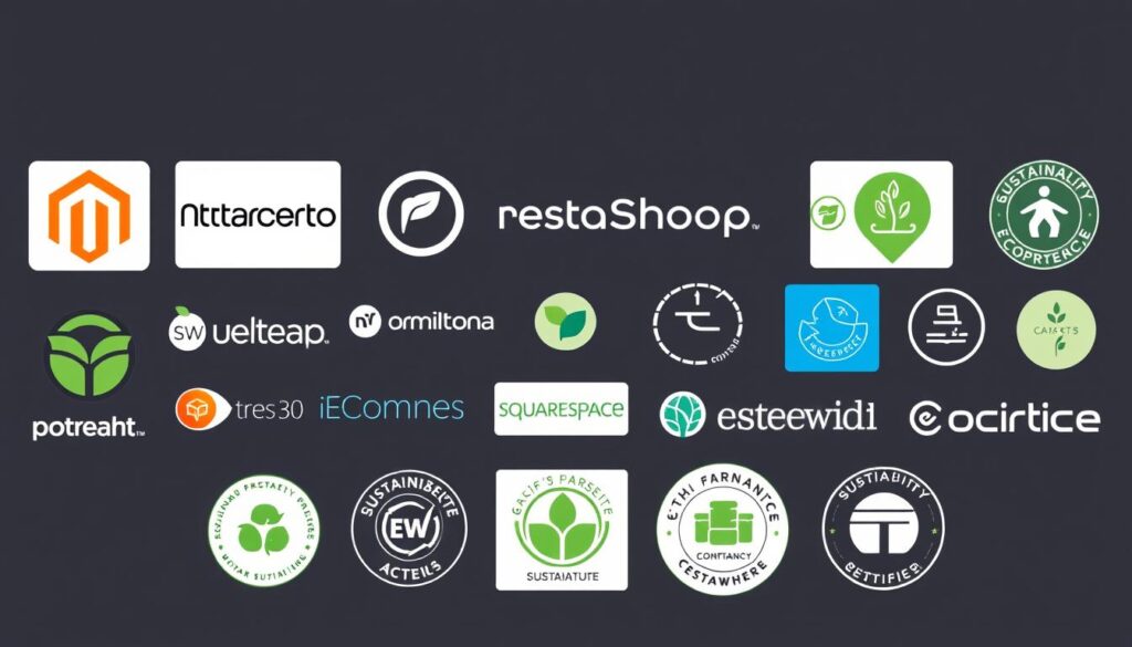 Various sustainable e-commerce platform logos and features relevant for UK brands