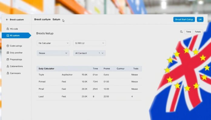 Brexit customs documentation and inventory management interface showing HS codes and duty calculations
