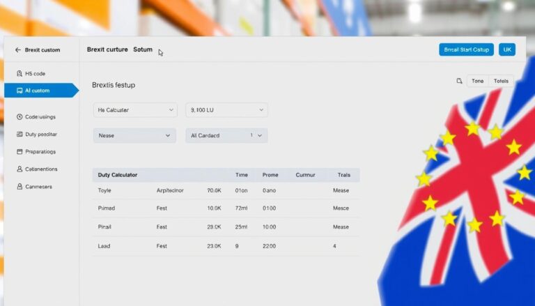 Brexit customs documentation and inventory management interface showing HS codes and duty calculations