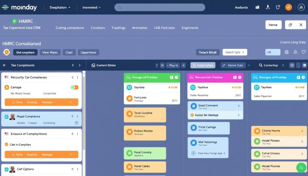 monday.com Sales CRM showing visual workflows with HMRC compliance tracking